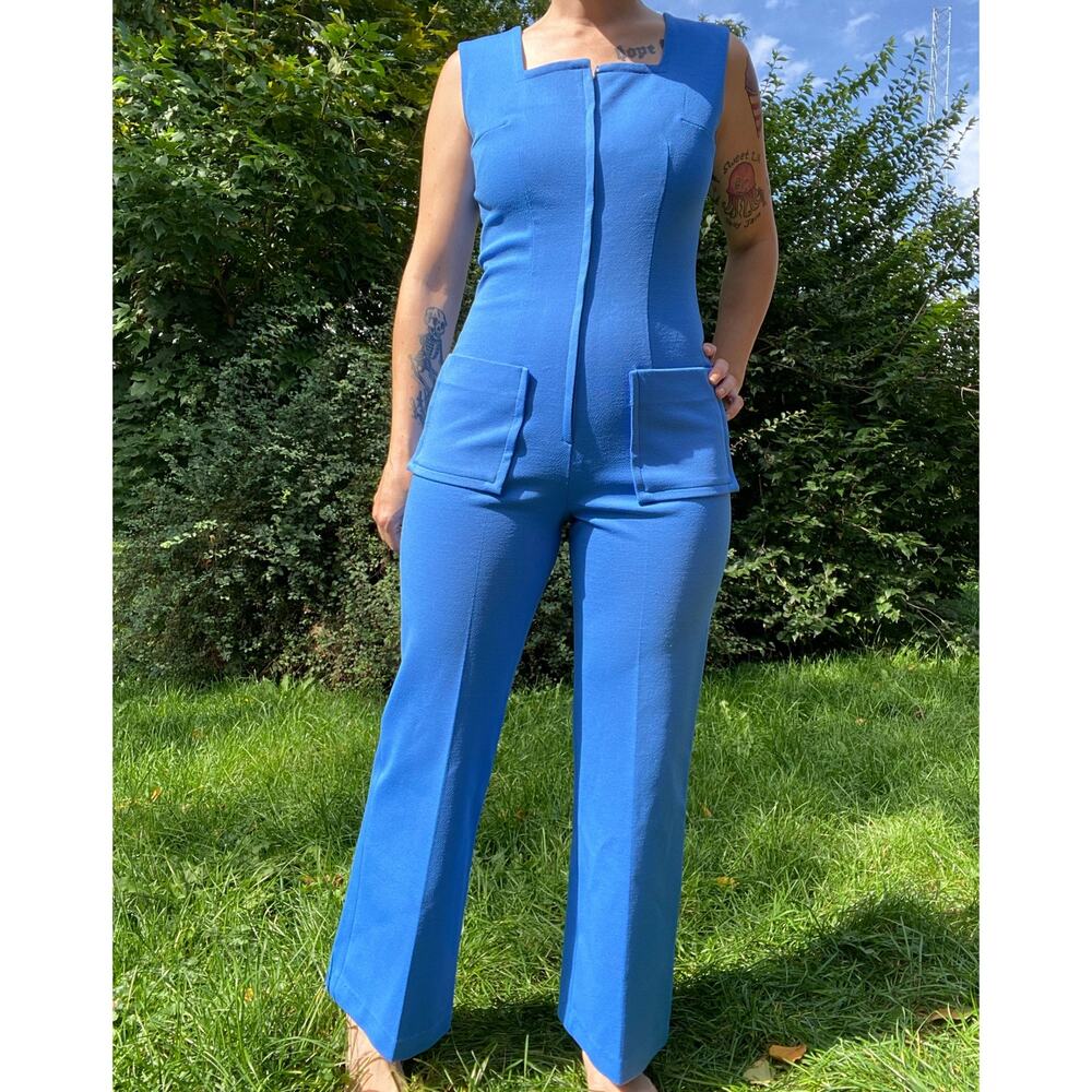 Size S-L//vintage 70s Blue Polyester Wide Leg Jumpsuit